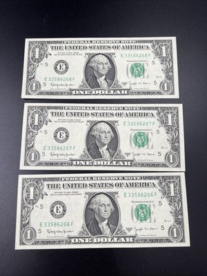 3 Consecutive 1963 B $1 Barr FRN Federal Reserve Notes One Dollar Bills UNC #266