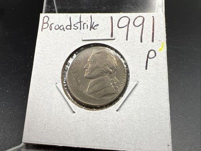 Off Center Broadstrike 1991 P 5c Jefferson Error Nickel XF EF Extra Fine Circ
