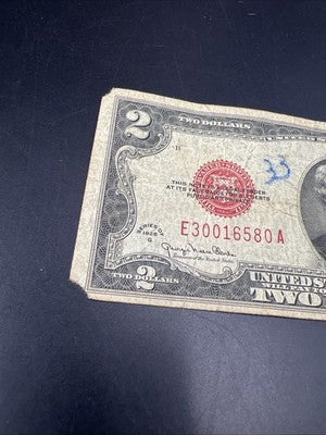 1928 G $2 Two Dollar Legal Tender United States Red Seal Note Very Circ #3001