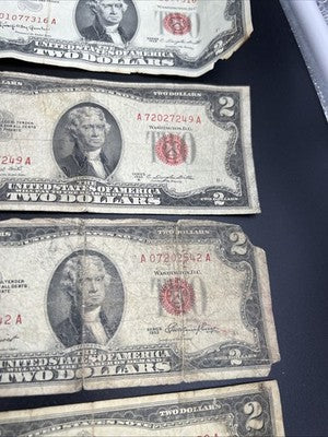 Lot of 5 1963 1953 $2 Two Dollar Red Seal USN Notes Very Circulated Damage #52
