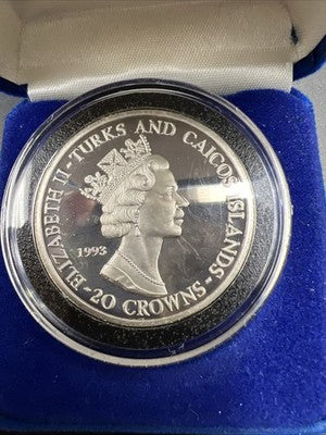 1993 Apollo 11 Anniversary Turks & Caicos 20 Crowns Coin 1 OZ .999 Silver in box