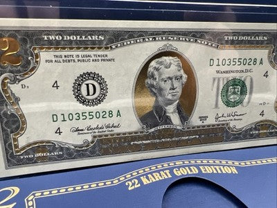 2003 $2 FRN Two Dollar Bill Federal Reserve Note Enhanced Golden CH UNC #028