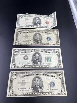 $5 Bill Collectors Lot 2x 1953 $5 Silver Certificate 1950 C FRN & 1963 USN Circ