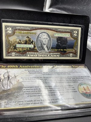 400th Anniversary of the Mayflower Colorized $2 FRN Two Dollar & Half Dollar Set