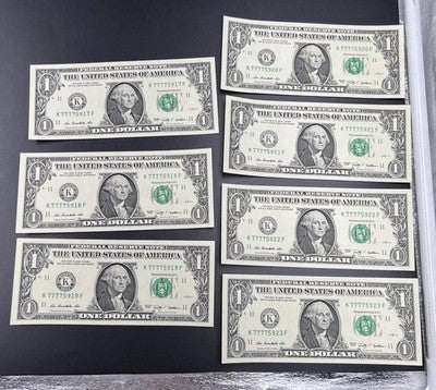 9 Consecutive 7777 Lucky Repeat 2009 $1 FRN Notes Choice UNC