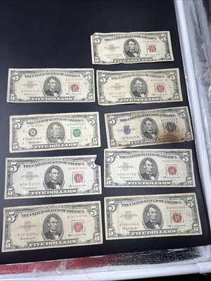 $5 Bill collector's Lot 9 US Bills - Very Circ 7 1963 USN 1 1995 FRN 1 1934 $5
