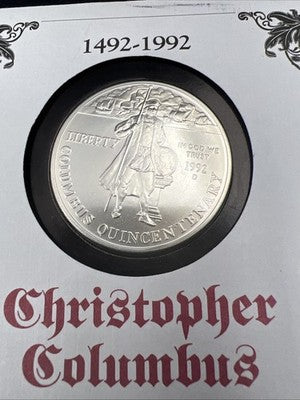 1992 D Christopher Columbus 90% Silver Dollar Coin in FDOI Stamp Pack
