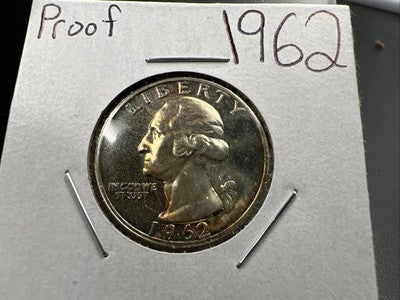 1962 25c Washington 90% Silver Choice Proof Quarter Coin Neat Toning Toner