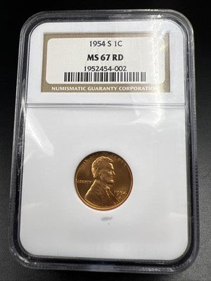 1954 S 1c Lincoln Wheat Cent Penny MS67 Red Gem BU UNC #002