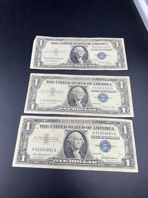 3 Note Lot 1935 $1 1957 * $1 & 1957 $1 Repeater Silver Certificates #88881