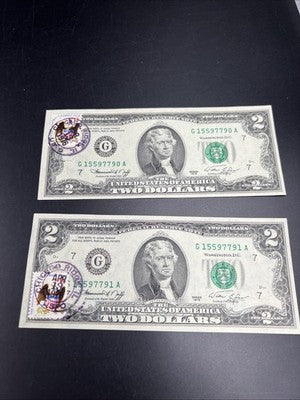 2 Consecutive 1976 $2 Bicentennial Postal Two Dollar Bill Chicago Ridge IL UNC A