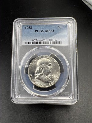 1958 P 50c Franklin Silver Half Dollar Coin PCGS MS64 CH BU Certified #86