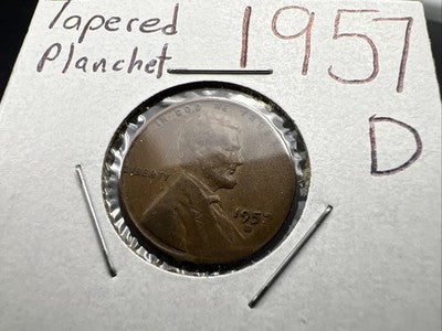 1957 D 1c Lincoln Wheat Cent Coin Tapered PLANCHET Error VF