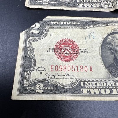 Lot of 3 1928 $2 Two Dollar USN United States Notes Red Seal Very Circ #180