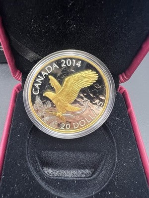 2014 Canada $20 Gilt Perched Bald Eagle Proof 1 oz Silver Coin in RCM Box COA