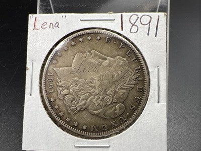 1891 P $1 Morgan Silver Dollar Coin VF Details "Lena" Carved