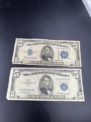 2 Note Lot 1934 1953 $5 Five Dollar Silver Certificate Fancy Serial #s G / VG