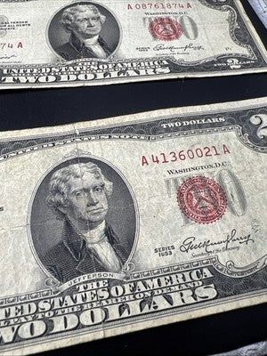 Lot of 10 1953 1963 $2 USN Red Seal Legal Tender Bills Very Circulated #353