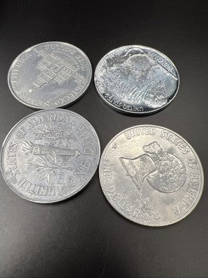Lot of 4 Used Large 3 Inch Novelty Pewter Coin/Coaster/Paperweight Kennedy Ike +
