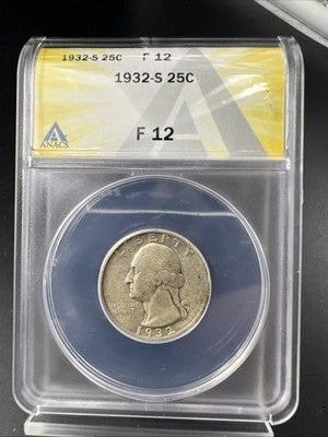 1932 S 25c Washington Silver Quarter Coin ANACS F12 Fine Key Date #703
