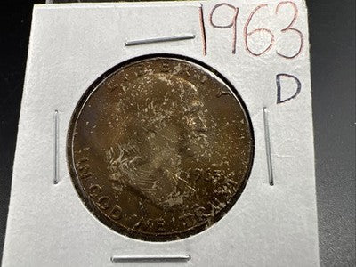 1963 D Franklin Half Dollar Silver Coin Choice BU UNC Neat Toning Obverse