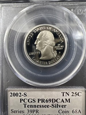 2002 S Proof Silver Tennessee Statehood Quarter Coin PCGS PR69 DCAM #568