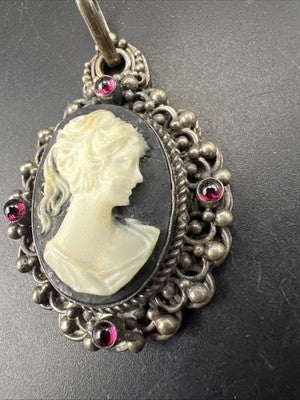 Carved Antique Wax Cameo in Sterling Silver w/ Stones Necklace Pendant 17.3 Gs