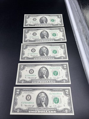 5 Consecutive 1976 $2 FRN Federal Reserve Bicentennial Notes CH AU #54