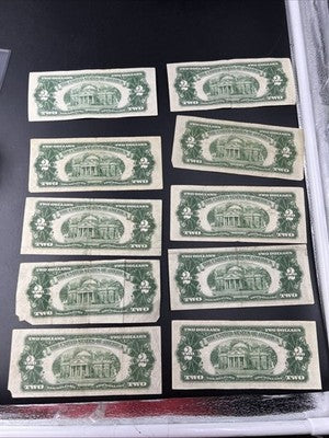 Lot of 10 1953 $2 USN Red Seal Legal Tender Bills VG Very Good + Circ #966