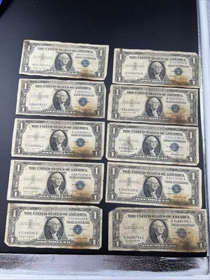 Lot of 10 VERY CIRC 1957 1935 $1 Dollar Silver Certificate Blue Seal Notes #80
