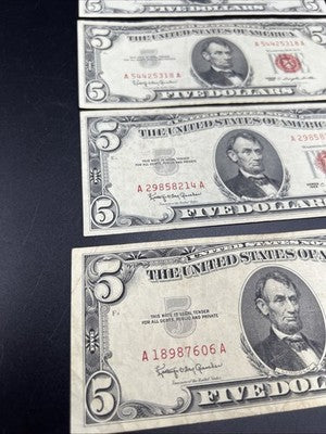 Lot of 5 1963 $5 USN United States Notes Five Dollar Bills Red Seal VF Very Fine