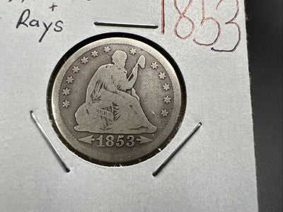 1853 Seated Liberty Silver Quarter Coin with Arrows Rays Variety CH Good Circ