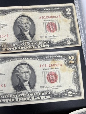 Lot of 8 1963 1953 $2 USN Red Seal Notes VG Fine Circ Red Seal Bills #685
