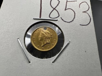 1853 Liberty Head Type I Gold Dollar $1 AU Details Holed