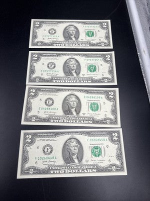 Lot of 4 2017 A $2 FRN Federal Reserve Notes UNC Uncirculated #448