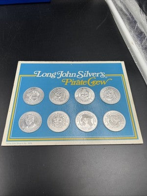 Long John Silver's Pirate Crew 8 Medallion Token Set UNC in Display Card SK#B