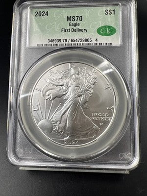 2024 1 Oz American Silver Eagle Coin CAC MS70 Gem UNC First Delivery #805