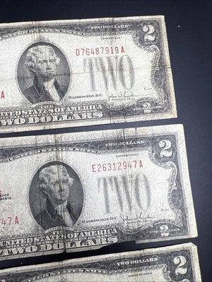 Lot of 5 1928 $2 Two Dollar USN United States Notes Red Seal Very Circulated #25