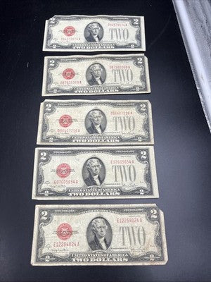 Lot of 5 1928 G $2 USN United States Note Red Seal Bills G / VG Circ #024