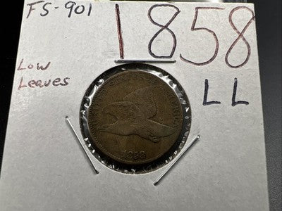 1858 1c Flying Eagle Cent Coin Low Leaves FS-901 Variety Fine Circ