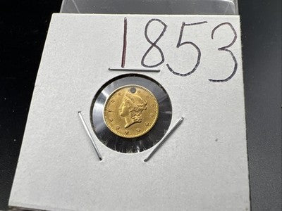1853 Liberty Head Type I Gold Dollar $1 AU Details Holed