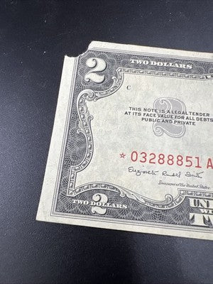 1953 * Star B $2 USN Red Seal United States Note CH VF Details Corner Tear #888