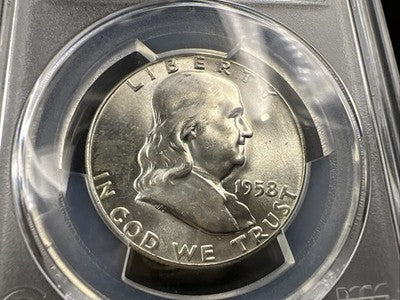 1958 P 50c Franklin Silver Half Dollar Coin PCGS MS64 CH BU Reverse Toner #77