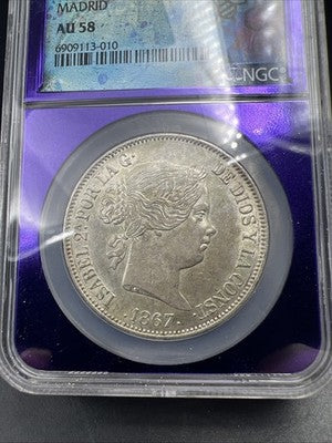 1867 Madrid Spain 2 Escudos Silver Coin NGC AU58 Choice AU Certified