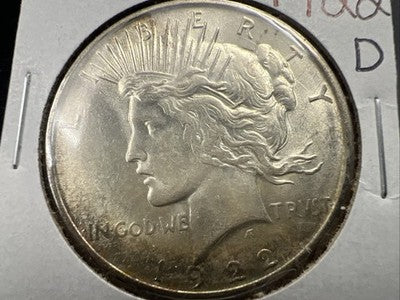 1922 D $1 Peace Silver Dollar Coin UNC Uncirculated Some Toning