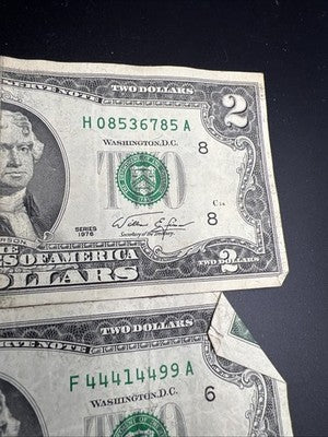 Lot of 4 Very Circ 1976 $2 FRN Federal Reserve Notes Neat Serial #s #44414499