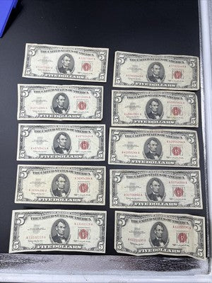Lot of 10 1963 $5 USN United States Red Seal Five Dollar Notes VG / Fine #115