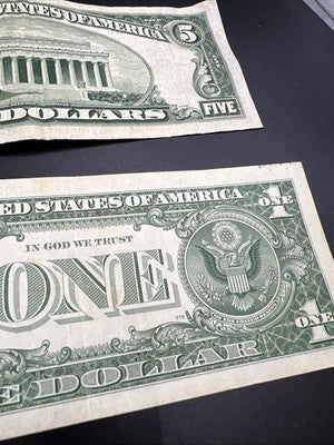 2 Note Lot 1957 1953 $1 & $5 Silver Certificates VG / F conditions #253