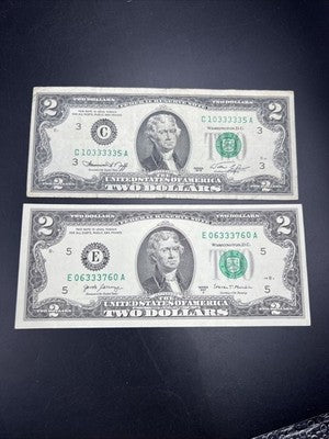 $2 Bill Collector's Lot Lucky 333s repeat Serial # 1976 $2 & 2017 $2 Bills Circ