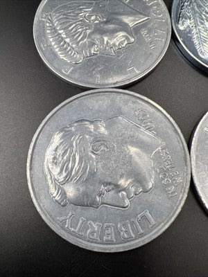 Lot of 4 Used Large 3 Inch Novelty Pewter Coin/Coaster/Paperweight Kennedy Ike +